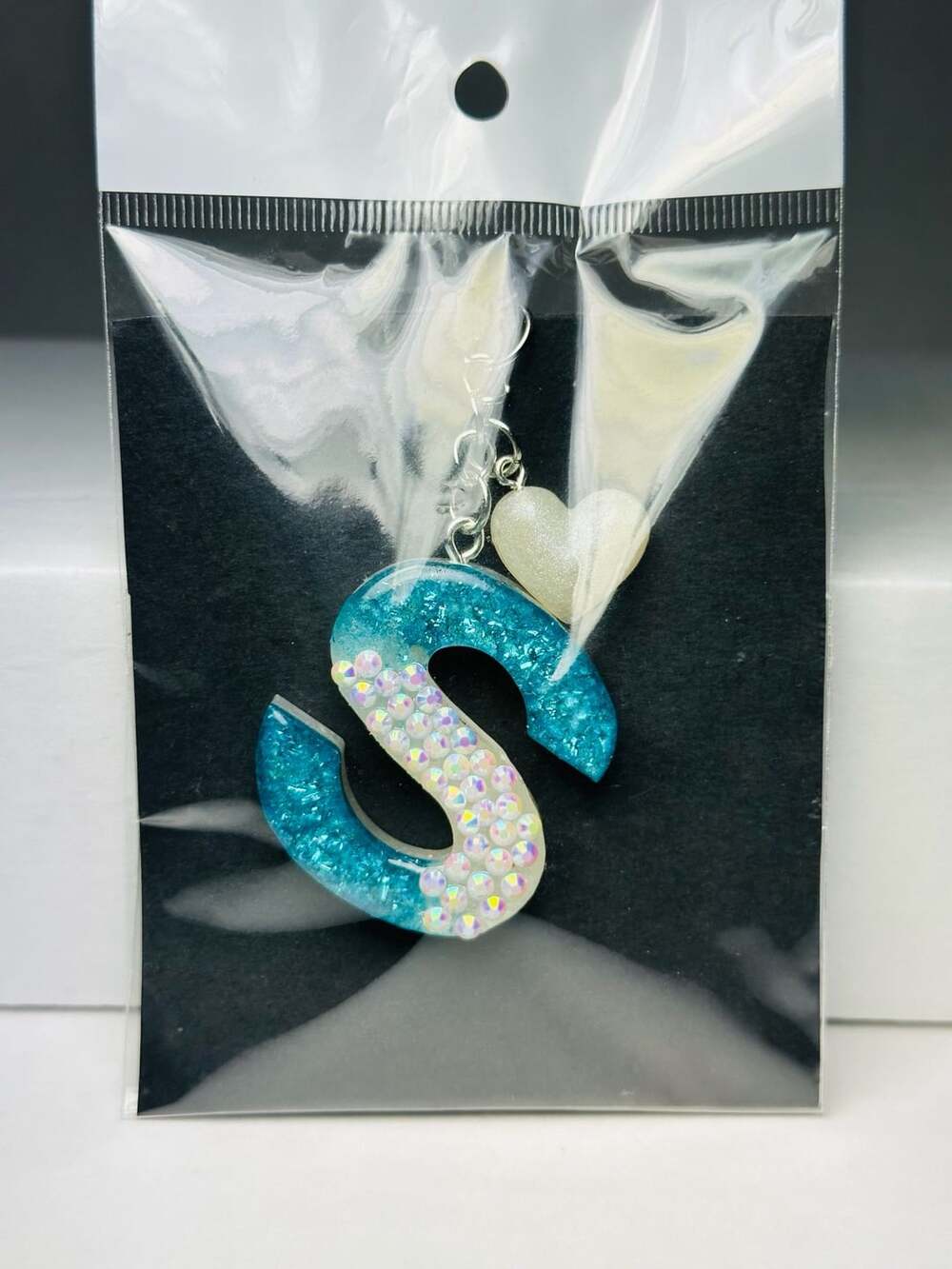 Handmade Blue Resin Initial Letter S Keychain with Heart Charm